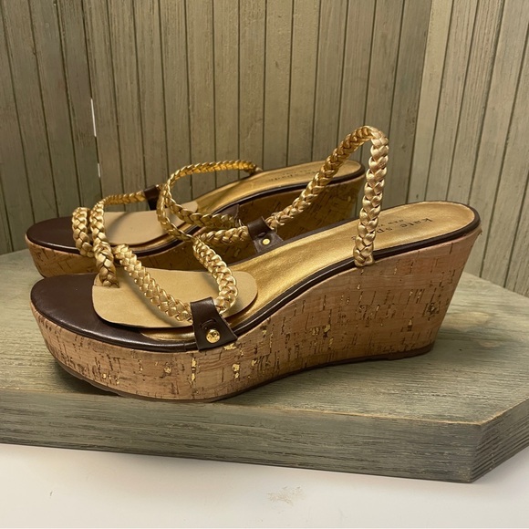 kate spade Shoes - Kate Spade Brown and Gold Wedge Sandals Made in Spain 8.5